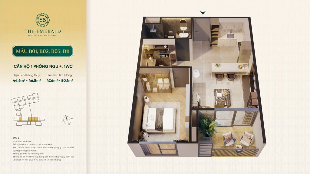 Căn 01PN, 01WC mẫu B01, B02, B03, B11 ở The Emerald 68