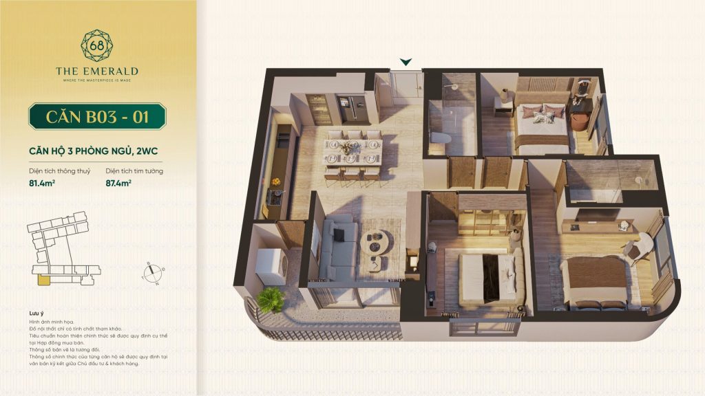 Căn 03PN, 02WC của The Emerald 68 B03-01