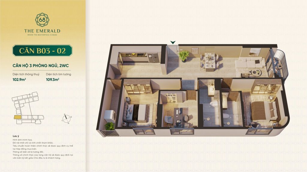 Căn 03PN, 02WC của The Emerald 68 B03-02